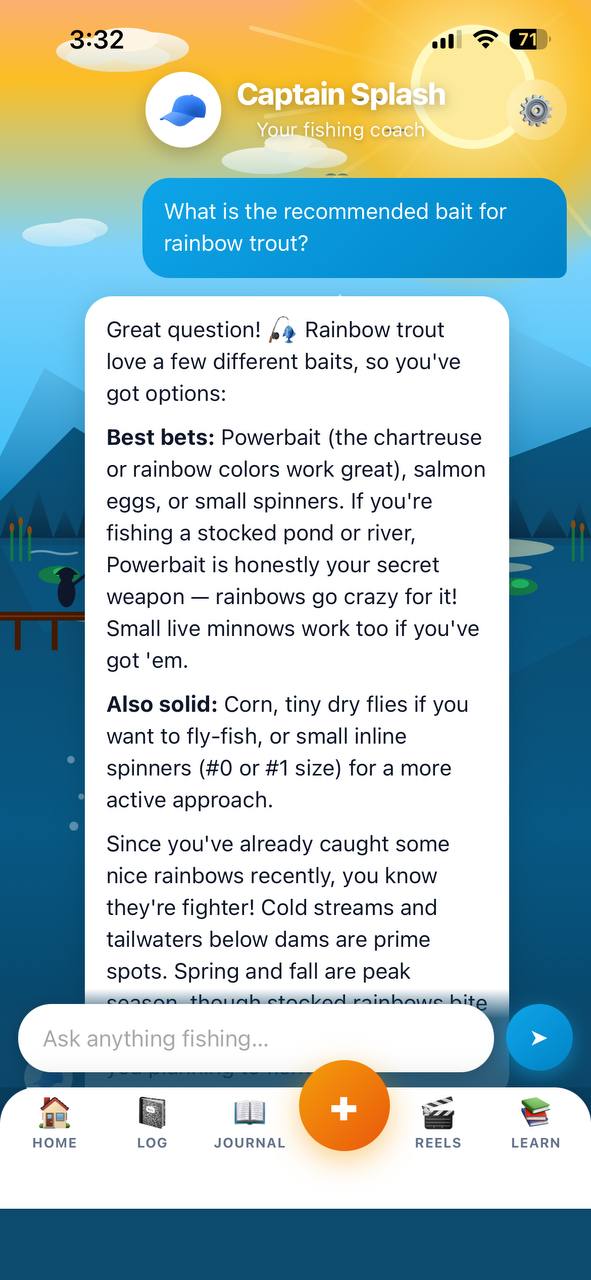 Captain Splash AI fishing coach chat