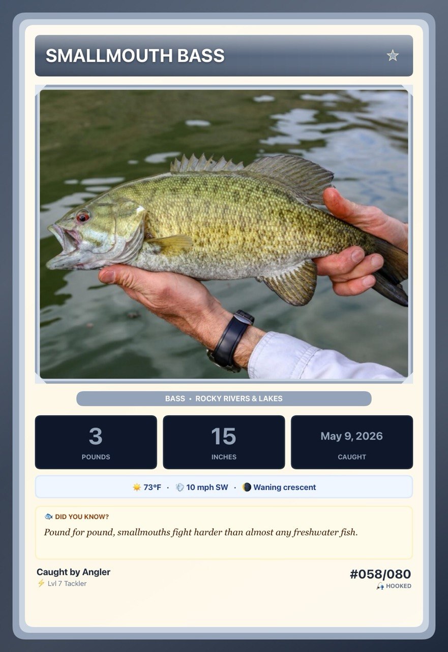 Shareable trading card for a catch